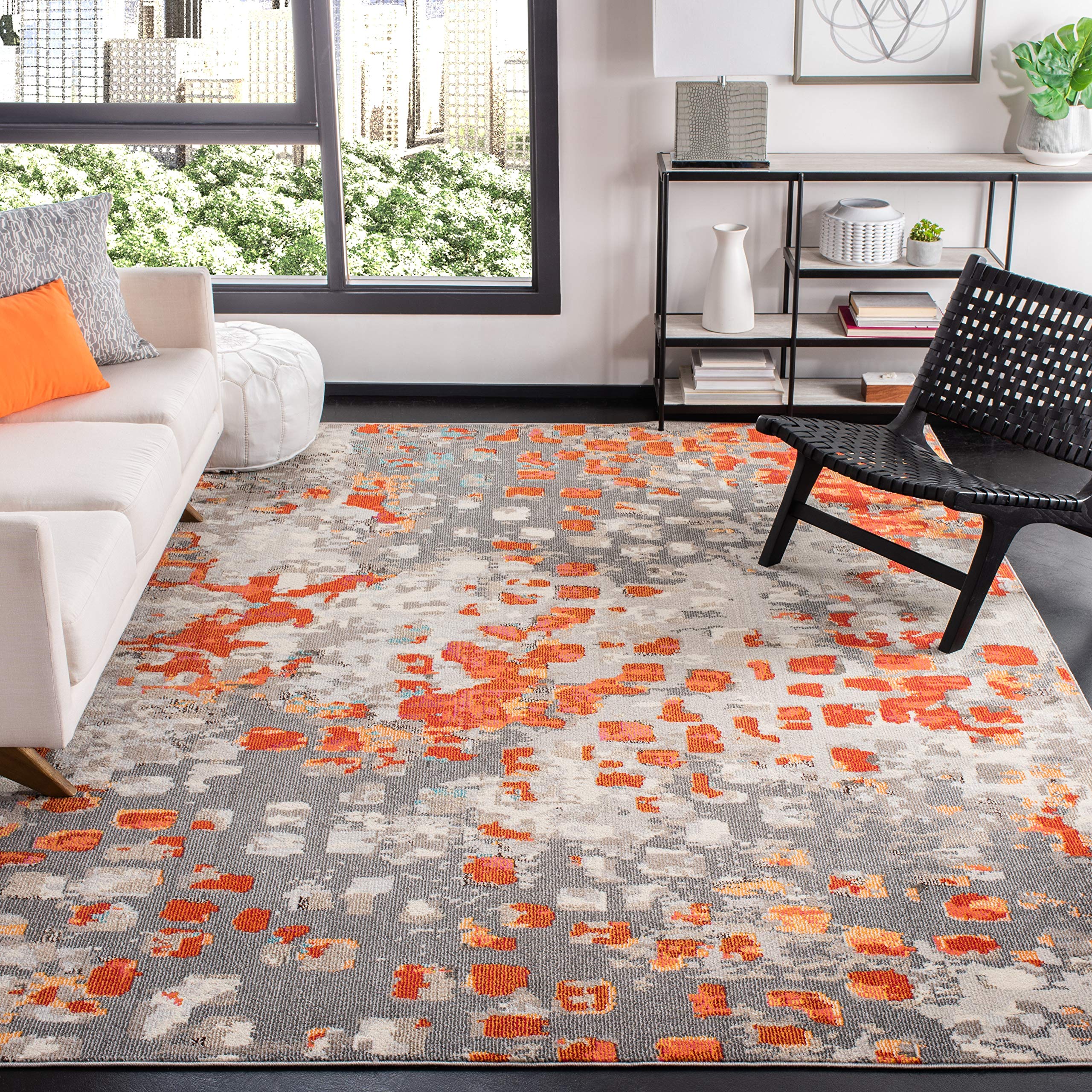 SAFAVIEH Madison Collection Area Rug - 9' x 12', Grey & Orange, Boho Abstract Distressed Design, Non-Shedding & Easy Care, Ideal